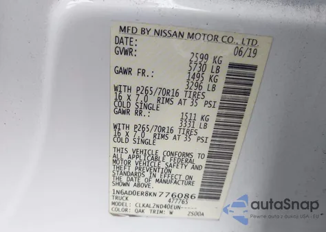 2019 Nissan Frontier Sv z USA, uszkodzony, nr VIN 1N6AD0ER8KN776086